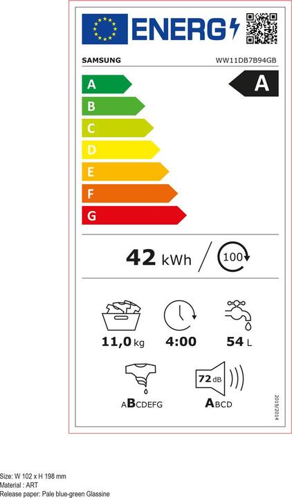 Energie-Label Samsung Waschmaschine WW11DB7B94GBU5 Links, Einsatzort (11 kg, Links)