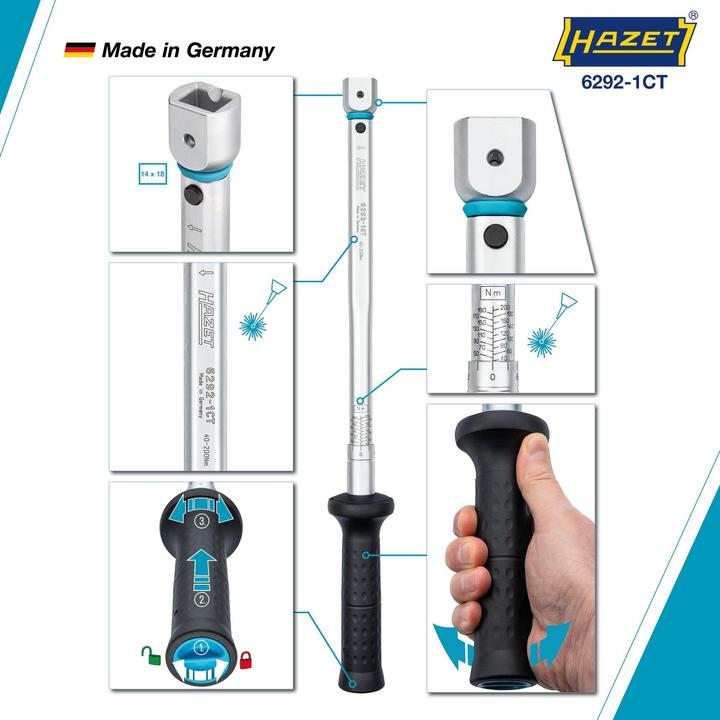 Actual product image HAZET Torque wrench 6292-1CT ∙ Nm min-max: 40 - 200 Nm ∙ Tolerance: 2% ∙ Insert square 14 x 18 mm (40 Nm, 200 Nm)