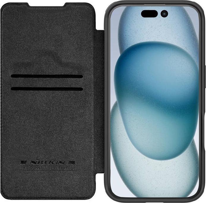Actual product image Nillkin Qin Prop Leather Case with Camera Cover and Stand for iPhone 16 - Black (Apple iPhone 16)