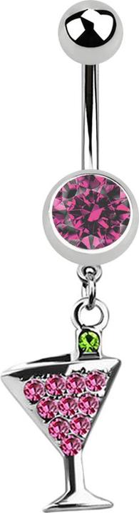 Star Piercing Banane silber mit Anhänger Cocktail und Kristall pink (Chirurgenstahl 316L, ohne Messing)