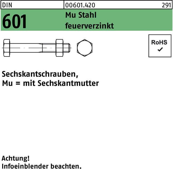 Produktbild Sechskantschraube DIN 601 m.Sechskantmutter M 16 x 80 Mu Stahl 4.6 feuerverzinkt (25 Schrauben pro Stück)