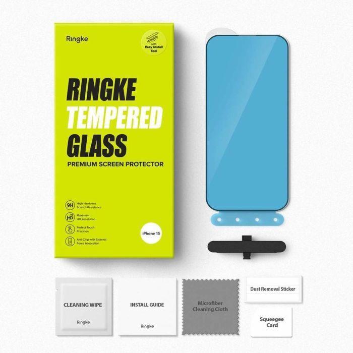 Actual product image Ringke iPhone 15 Screen Protector Premium Tempered Glass 9H with installation jig Transparent (1 Piece, Apple iPhone 15, Apple iPhone 16)