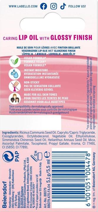 Valeurs nutritives et ingrédients Labello Huile à Lèvres Robe Noire (Huile, 5.50 ml)