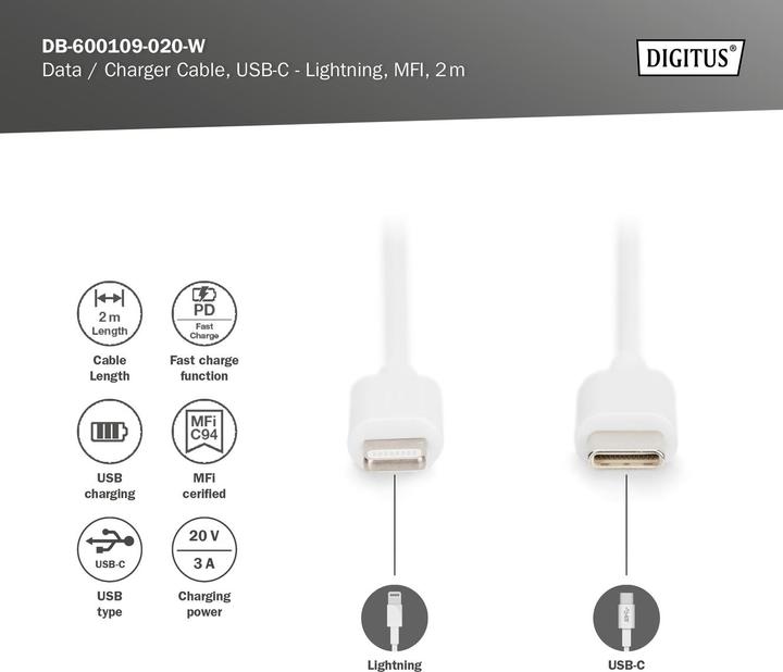 Produktbild Digitus USB Typ C – Lightning (2 m, USB 2.0, 18 W)