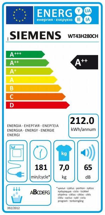 Energie-Label Siemens Wt43h280ch (7 kg, Rechts, CH-Stecker)