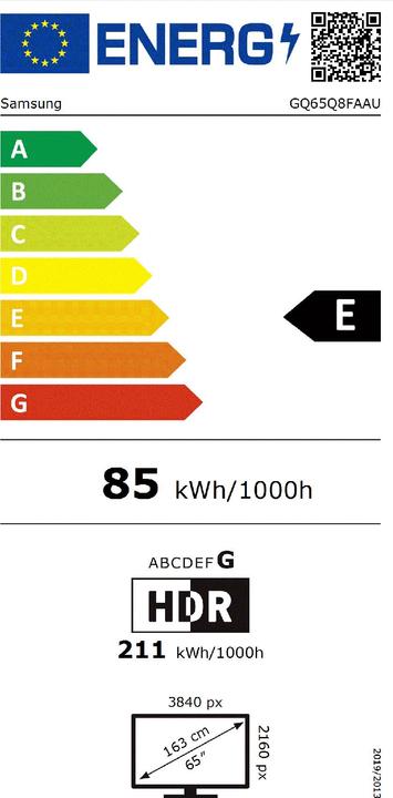 Label énergétique Samsung 65" QLED Q8F 4K Vision AI Smart TV 2025 (65", QLED, 4K, 2025)