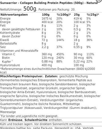 Nährwerte und Zutaten Sunwarrior Collagen Building Protein Peptides Natural (1 Stück, Pulver, 500 g)