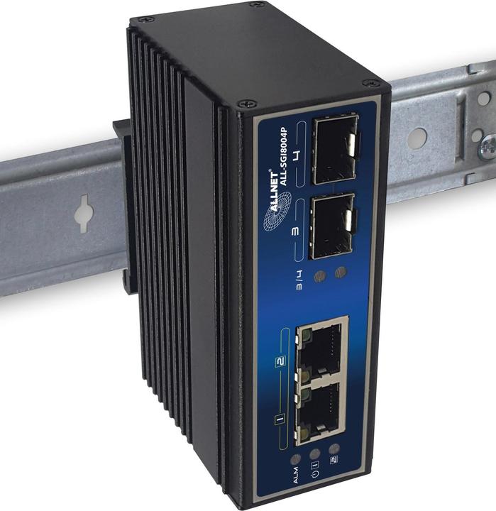 Produktbild Allnet switch unmanaged industrial 4 port gigabit 120w / 2x poe+ / 2x sfp / lüfterlos / din / ip40 (2 Ports)