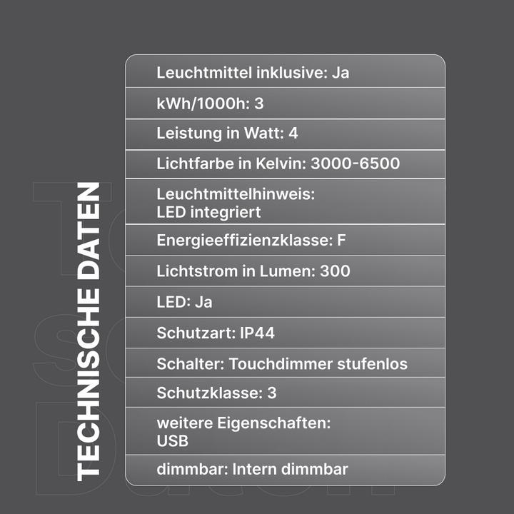 Nährwerte und Zutaten Brilliant Akku Tischlampe, 37cm, 300 lm, 3000-6500 K, dimmbar, alu gebürstet (300 lm)