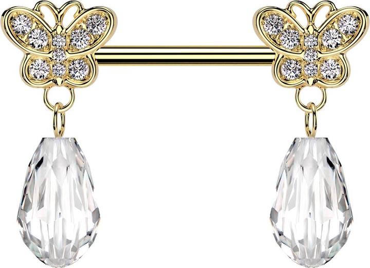 Star Piercing Barbell vergoldet mit zwei Schmetterling vergoldet Kristalle silber Anhänger Kristalltropfen (Messing, Chirurgenstahl 316L)