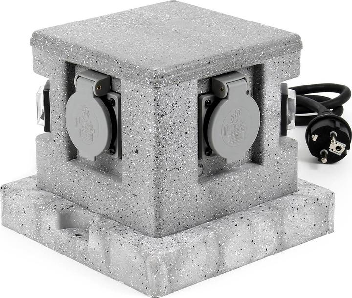 Produktbild Wiltec Gartensteckdose 4fach Aussensteckdose Schalter IP44 Granitoptik Steckdosenstein