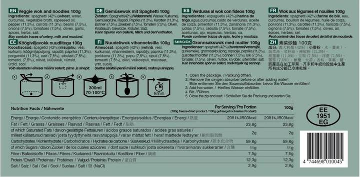 Valeurs nutritives et ingrédients Tactical Foodpack Wok et nouilles végétariens (100 g)