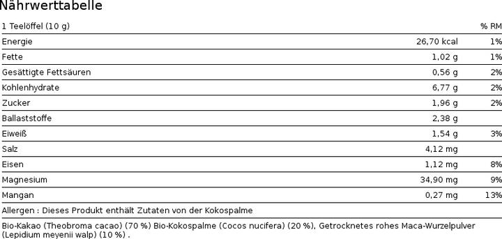 Nährwerte und Zutaten Nature's Finest Macaccino (1 Stück, Pulver, 250 g)