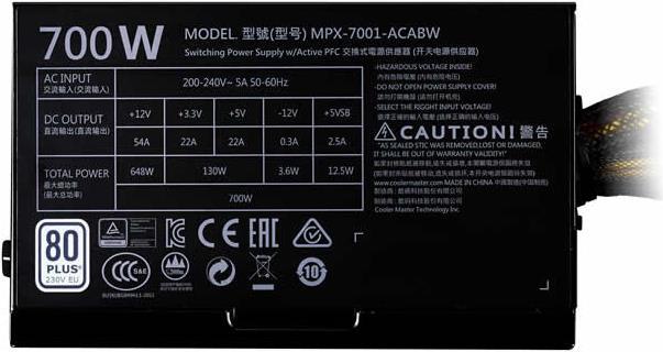 Produktbild Cooler Master MasterWatt Lite 700W 230V Power Supply (700 W)