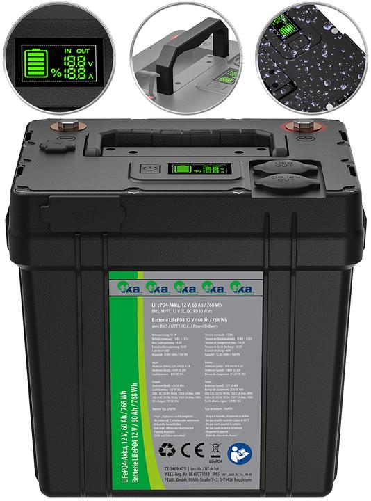 Produktbild TKA LiFePO4-Akku mit 60-Watt-Solarpanel, 12 V, 60 Ah / 768 Wh (60 W, 7.33 kg)