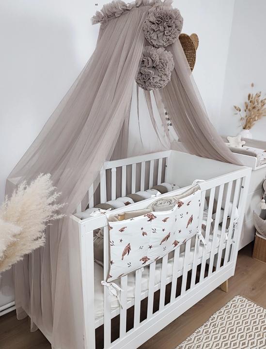 Actual product image Baby-Nest Canopy tulle taupe with 2 pompoms
