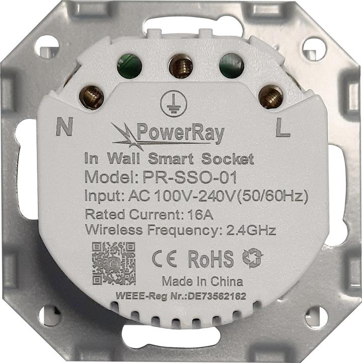 Actual product image PowerRay WiFi Smart Socket PR-SSO-01, socket outlet without frame with 5.5 x 5.5 cm adapter, white, OVP