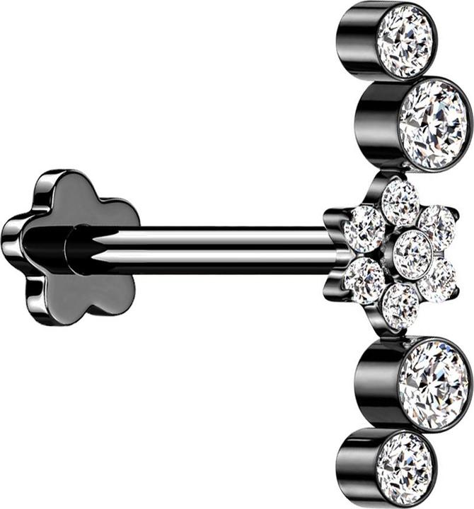 Star Piercing Micro Threadless Labret Blume schwarz Blume Kristalle silber vier Kristalle (Titan G23, ohne Messing)