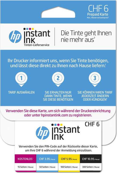 Image du produit HP Carte d'enregistrement Instant Ink avec un crédit de 6 CHF