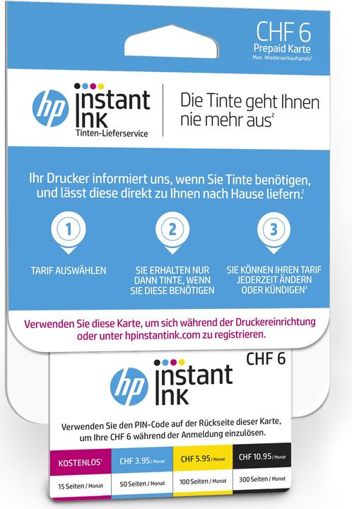 Image du produit HP Carte d'enregistrement Instant Ink avec un crédit de 6 CHF