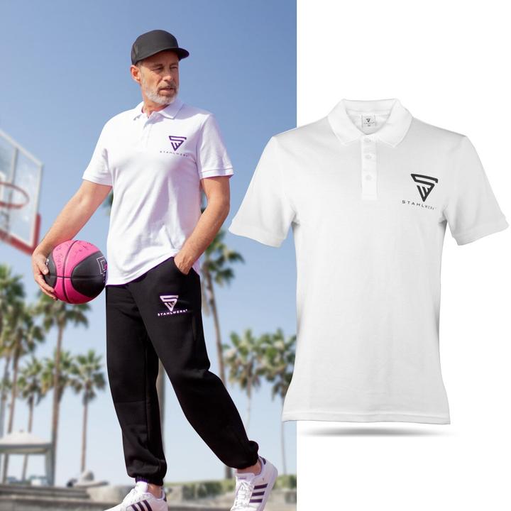 Immagine prodotto Stahlwerk Polo taglia XL bianca a maniche corte con logo stampato 100% cotone (XL)