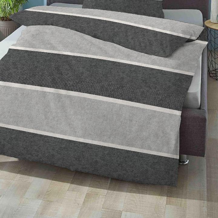 Produktbild Biberna Melange Flanell Bettwäsche Blockstreifen sturmgrau (Duvetbezug, 80x80 cm)