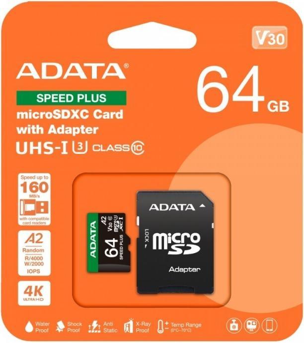 Produktbild Adata microSD 64GB Speed Plus UHS-I U3 + Adapter (64 GB, microSDXC, U3, UHS-I)