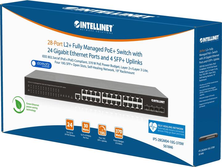 Actual product image Intellinet 28-port L2+ Fully Managed PoE+ switch with 24 Gigabit Ethernet ports and 4 SFP+ uplinks (28 Ports)
