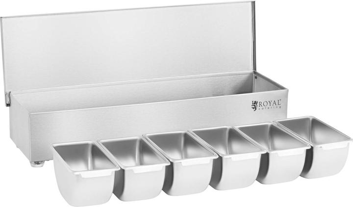 Produktbild Royal Catering Zutatenbehälter Edelstahl 6 Einsätze Zutatenbox Beilagenbehälter Barbehälter (2.70 l)