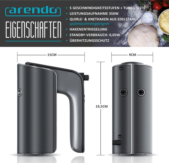 Produktbild Arendo Elektrischer Handmixer, Rührmixer Edelstahl mit Turbostaste, Handrührer inkl. 2 Quirle & 2 Knethaken (350 W)