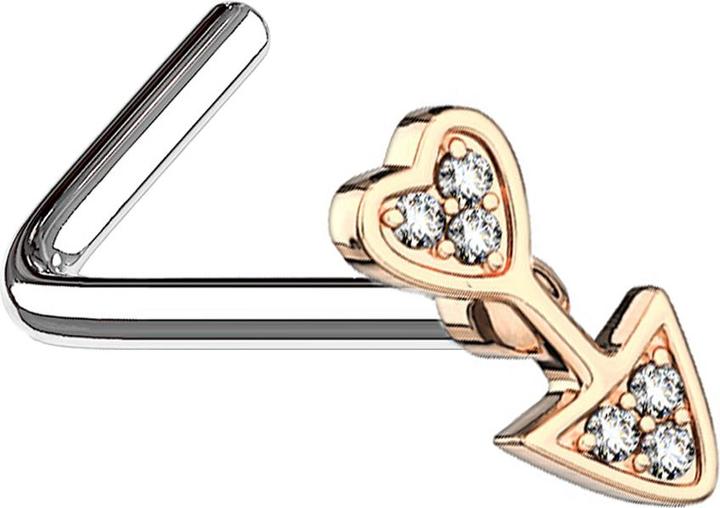 Star Piercing Nasenstecker gewinkelt rosegold Pfeil mit Herz (Chirurgenstahl 316L, Messing)