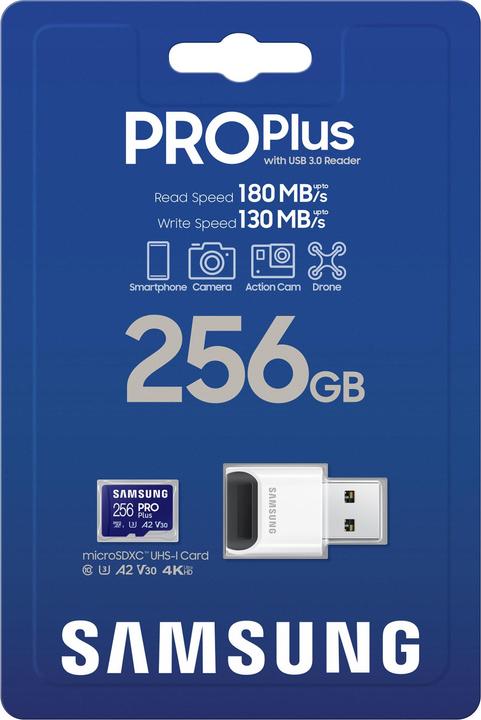 Image du produit Samsung PRO Plus avec lecteur de carte USB (256 Go, microSDXC, U3, UHS-I)