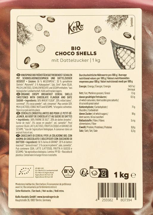 Nährwerte und Zutaten KoRo Knusprige Bio Frühstücksgetreidekost-Schalen mit Schokoladengeschmack und Dattelzucker gesüsst (1000 g)