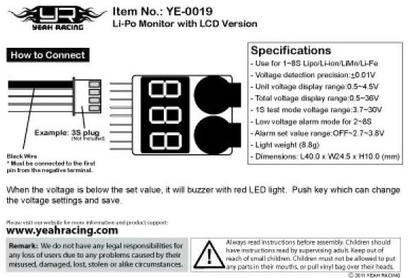 Produktbild Yeah Racing LiPo Monitor with LCD 1S-8S
