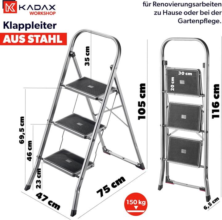 Produktbild Kadax Klappleiter mit 3 rutschfesten Stufen (Trittleiter)