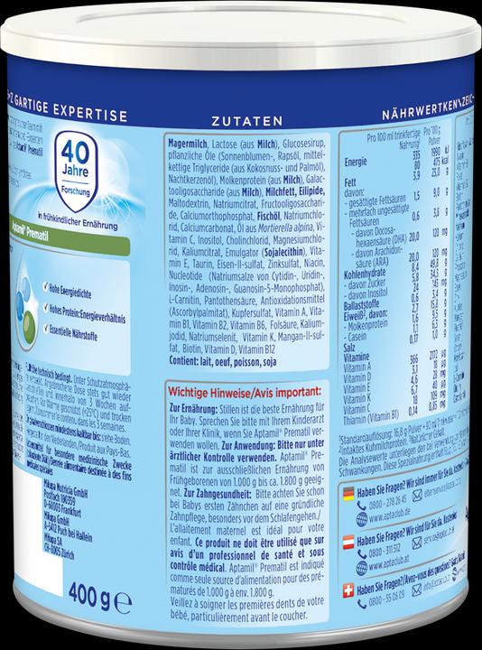 Nährwerte und Zutaten Aptamil Prematil (400 g, ab Geburt)