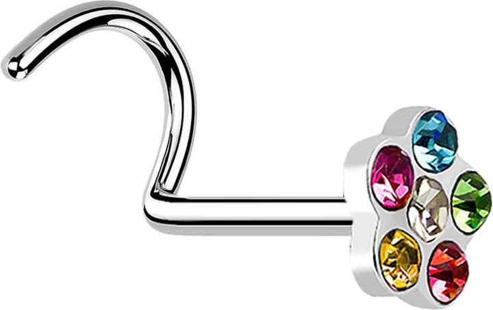 Produktbild Star Piercing Nasenstecker gebogen silber mit Blume und 5 Kristalle farbig (ohne Messing, Chirurgenstahl 316L)
