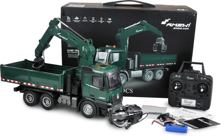 Immagine prodotto Amewi Autocarro Gru Patente Mercedes-Benz Arocs Con Cassone Ribaltabile Rtr Verde (RTR pronto all'uso)