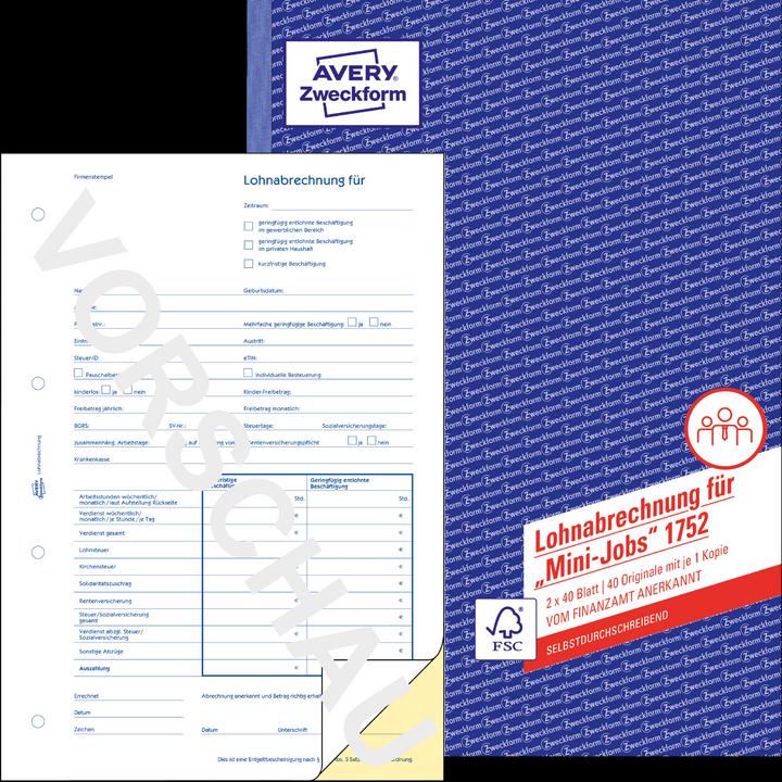 Actual product image Avery Pay slip A4 Minijob white/yellow (40 x)