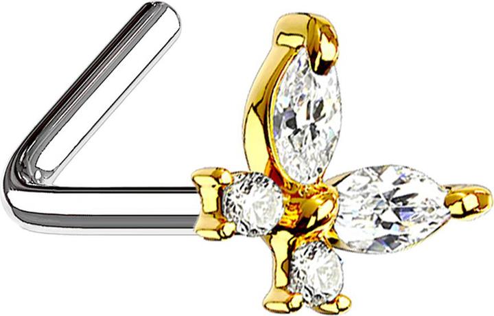 Star Piercing Nasenstecker gewinkelt 14k vergoldet Schmetterling mit Kristallen silber (Messing, Chirurgenstahl 316L)