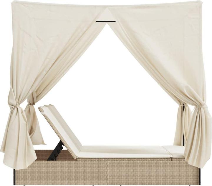 Produktbild VidaXL Doppelliege Sonnenliege Gartenliege mit Dach Vorhängen Beige Poly Rattan (114 cm)