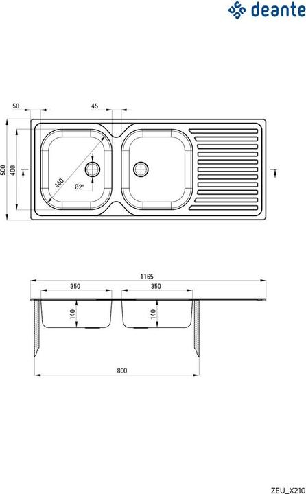 Actual product image No Name 2-bowl steel sink with drainer (Fitted sink with draining board, 116.50 cm, 50 cm)