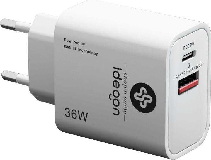 Ideoon Dual 36Watt USB Ladegerät, 1xx USB-C und USB-A, PD- & QC-Netzteil, GaN III, weiss (36 W)