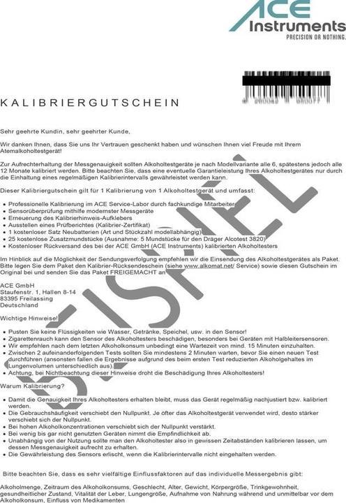 Produktbild Ace 100082 Kalibrier-Gutschein