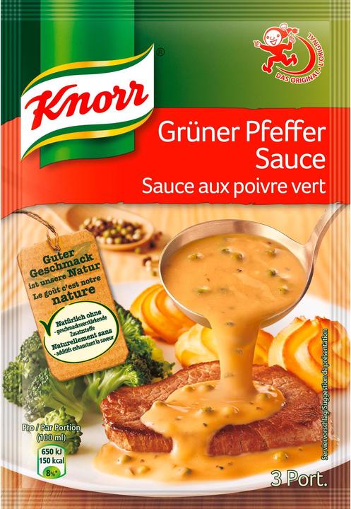 Actual product image Knorr Green pepper sauce sachet, with whole peppercorns, wonderfully creamy, ideal for dark meat (44 g)