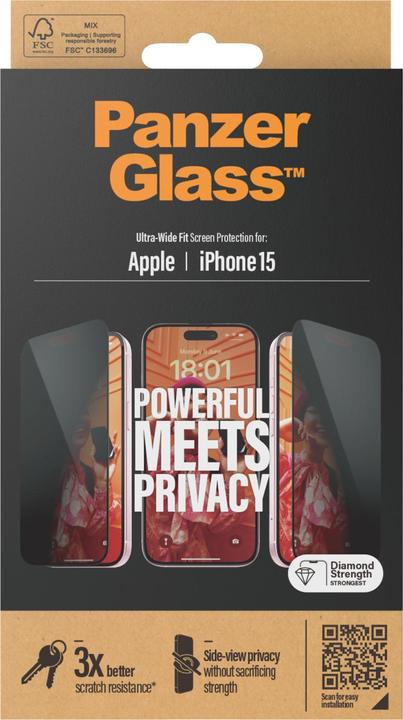 Actual product image PanzerGlass Privacy Screen Protector iPhone 2023 6.1 Ultra-Wide Fit (1 Piece, Apple iPhone 15)