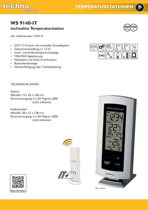 Actual product image Technoline WS 9140 digital wireless thermometer Wireless weather station with outdoor sensor