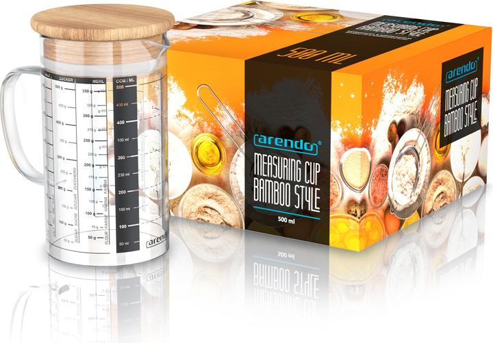 Produktbild Arendo Messbecher 500 ml aus Glas, 0,5 L, luftdicht, Bambusdeckel, Silikondichtung für Mehl, Zucker uvm. (500 ml)