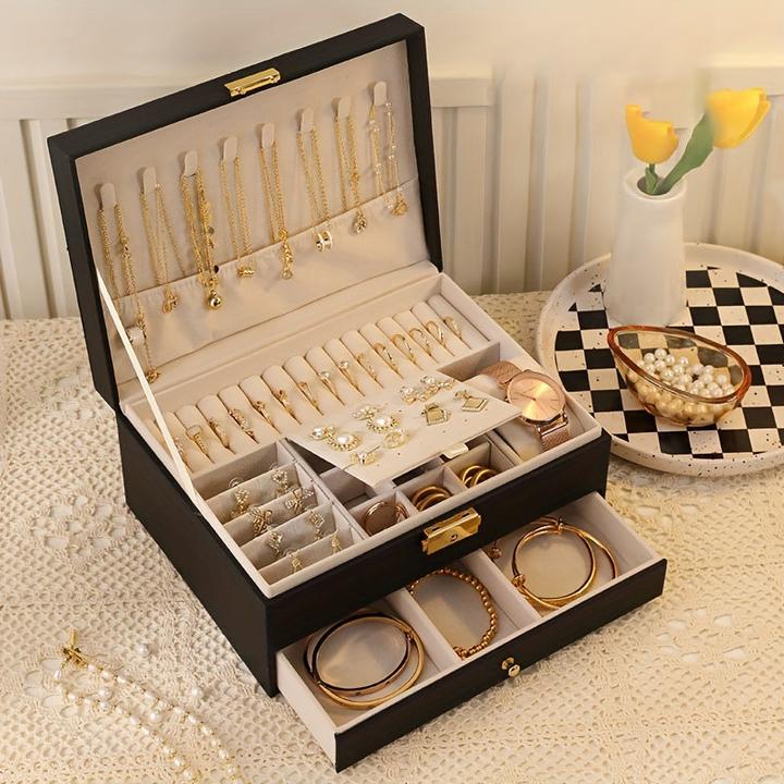 Only-Bags.Store Leder-Schmuck-Organizer: Zweischichtiger Schmuckkasten mit herausnehmbaren Fächern für Halsketten