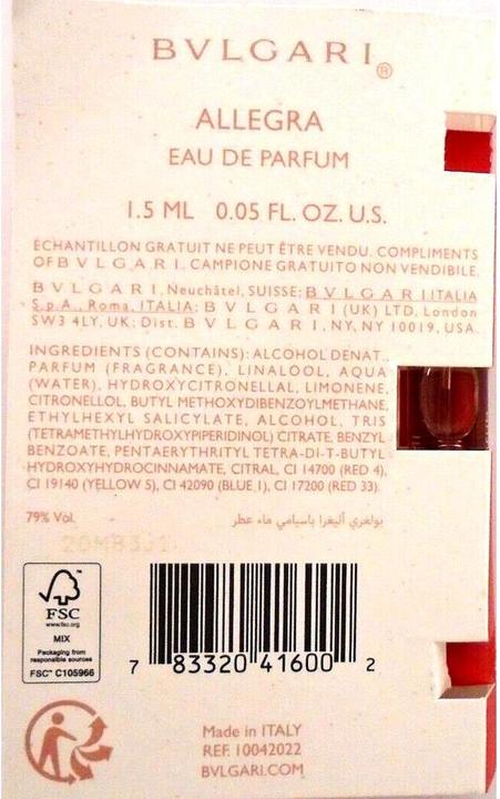Valori nutrizionali e ingredienti Bulgari Bvlgari Allegra Baciami Eau De Parfum 1.5ml - 0.05fl Oz Sample (Eau de parfum, 0.05 ml)